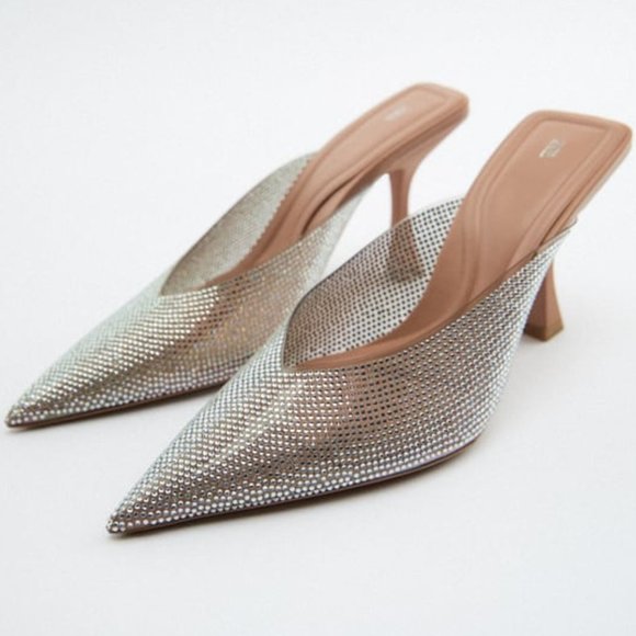 Zara Shoes - Zara Rhinestone Heeled Vinyl Mules Natural Sz 9 NWT